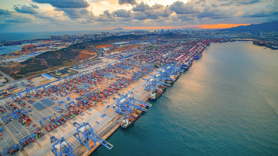 An aerial view of unmanned automated dock at Qingdao Port